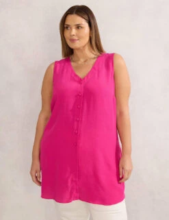 V-Neck Sleeveless Button Through Tunic -Marks and Spencer Shop raspberry button split front tunic 2