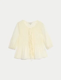 Round Neck Tie Front Shirred Blouse -Marks and Spencer Shop round neck tie front shirred blouse 12