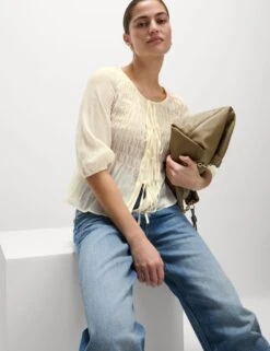 Round Neck Tie Front Shirred Blouse -Marks and Spencer Shop round neck tie front shirred blouse 15