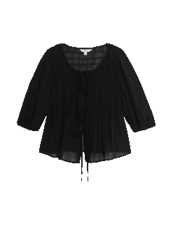Round Neck Tie Front Shirred Blouse -Marks and Spencer Shop round neck tie front shirred blouse