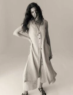 Striped Longline Waistcoat With Linen -Marks and Spencer Shop striped longline cardigan with linen 2