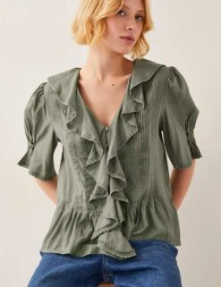 MONSOON V-Neck Frill Detail Pintuck Blouse -Marks and Spencer Shop v neck frill detail pintuck blouse 6